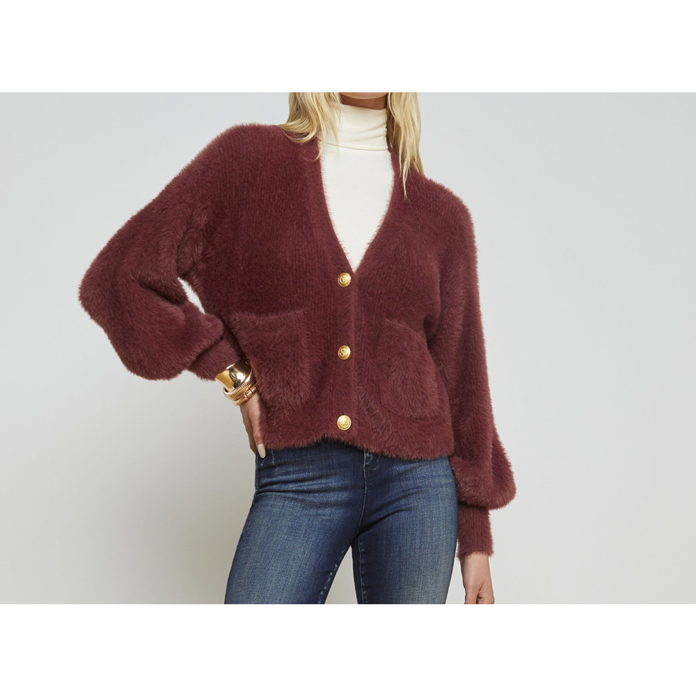 NWT L'Agence Harriet Fuzzy Knit Blouson Sleeve Cardigan Size XXL Burgundy #3D511